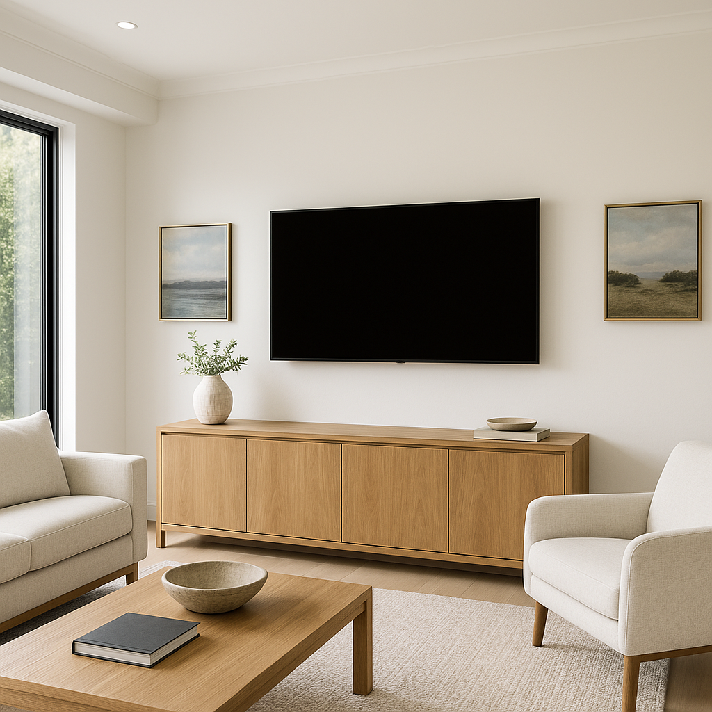 Modern Sacramento living room with wall-mounted flat-screen TV and hidden cables installed by Paradise Home Tech