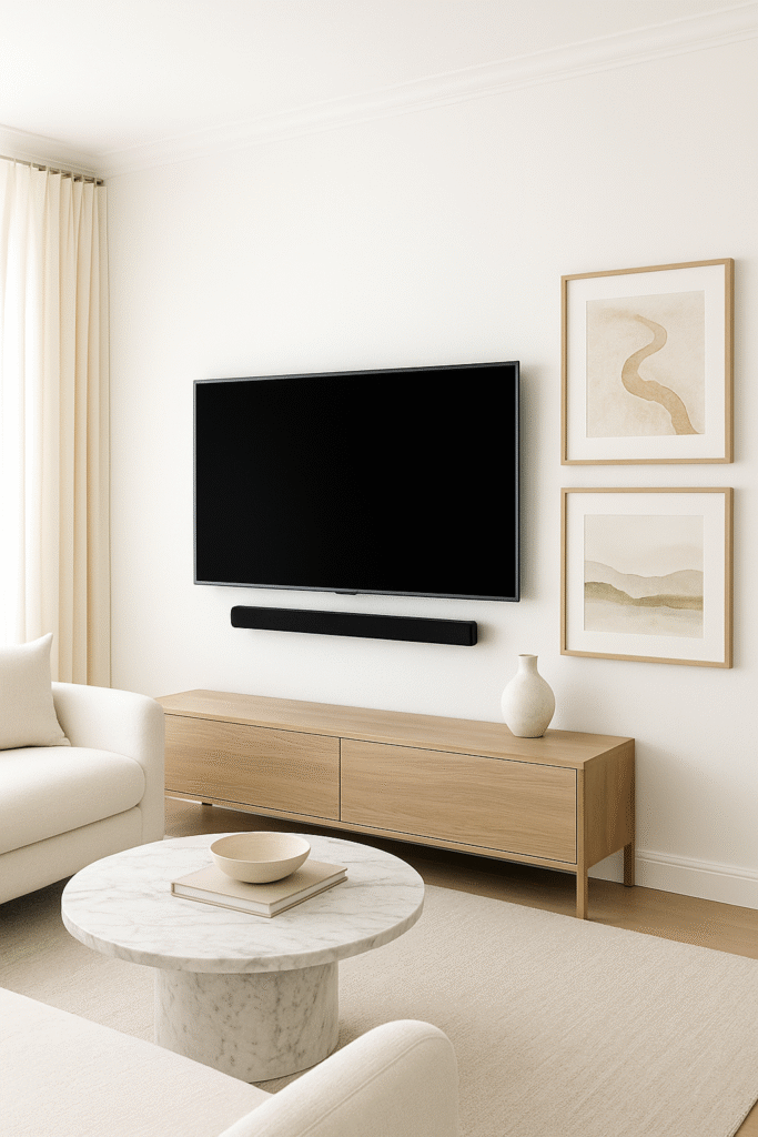 Bright luxury Sacramento living room with wall-mounted flat-screen TV and framed artwork installed by Paradise Home Tech