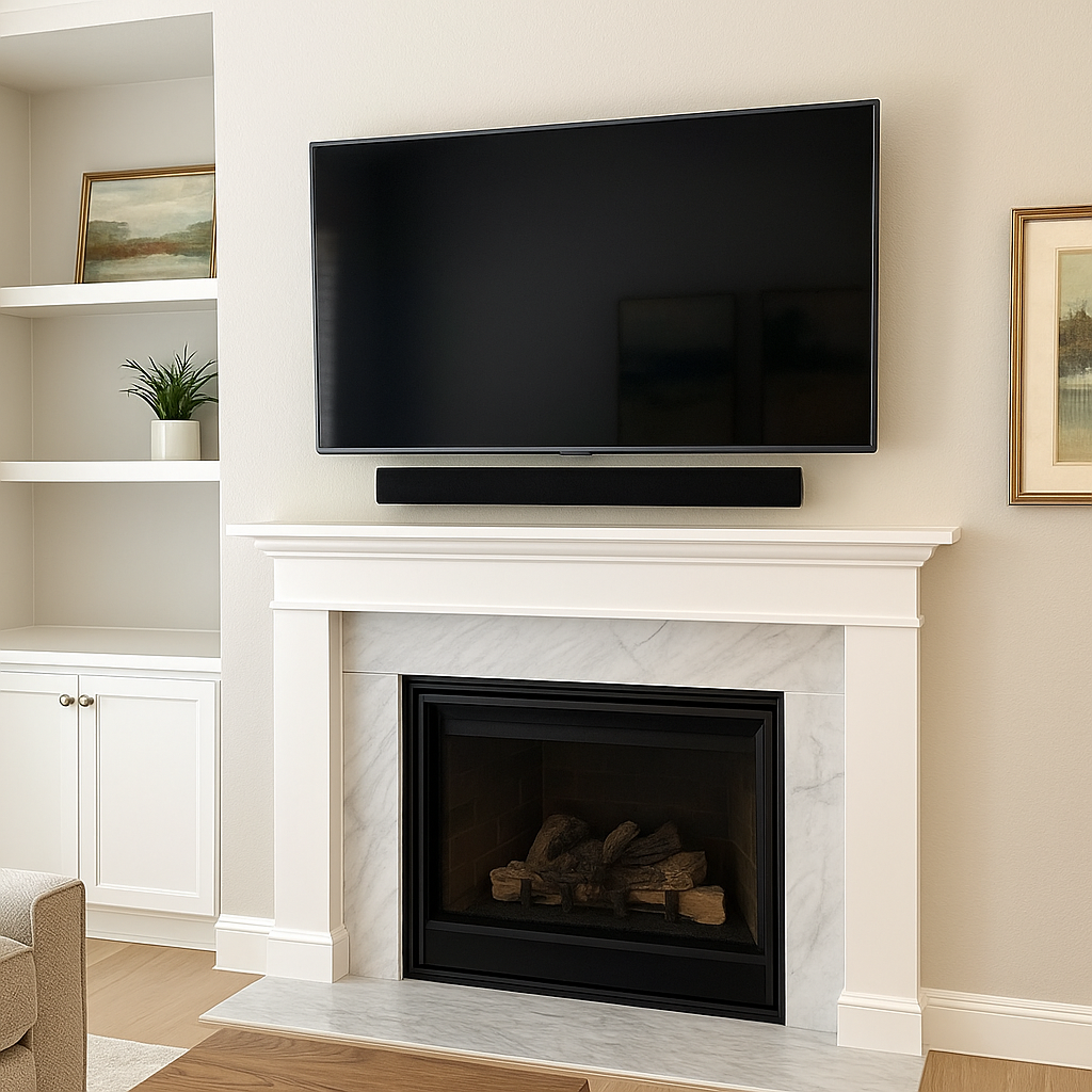 Wall-mounted flat-screen TV above a fireplace with soundbar beneath in a modern Sacramento living room installed by Paradise Home Tech