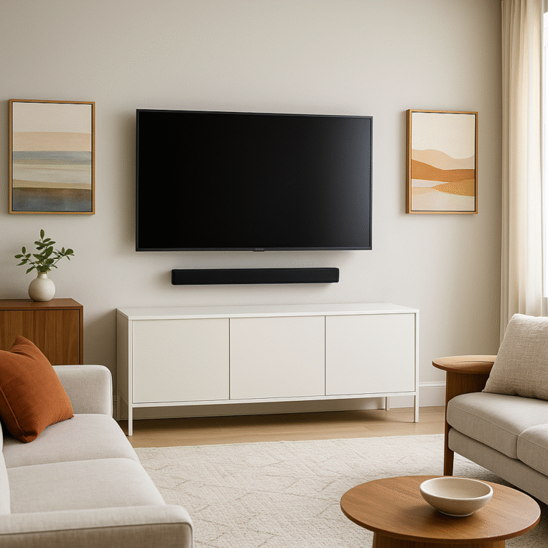 Bright luxury Sacramento living room with wall-mounted flat-screen TV, framed artwork, and clean hidden cables installed by Paradise Home Tech
